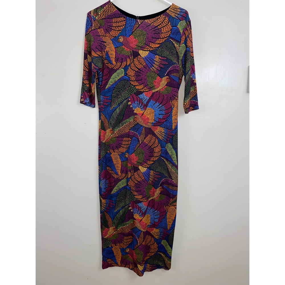 Farm Rio Midi Dress Women Size M Multicolor Parrot Bird Print Tropical Sheath